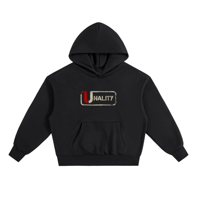 Black Unality graphic hoodie with distressed cream and red artwork