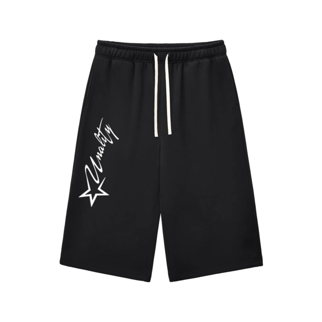 Black three-quarter sweatpants with white script, star artwork and cream drawstrings